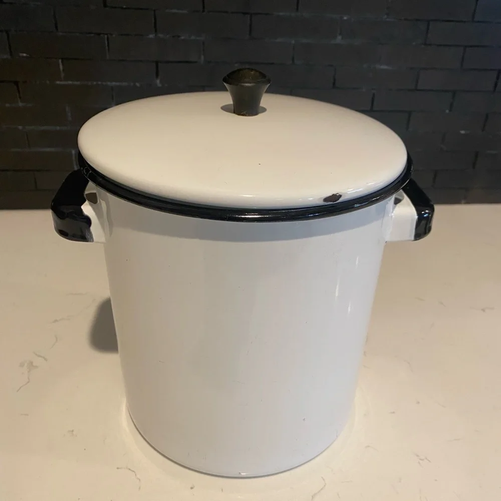 Vintage White Enamelware Pot Black Trim Lid Insert 3 Pc Complete Set Rare   MCM